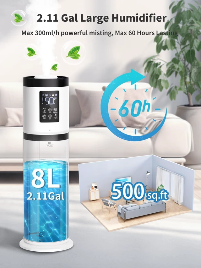 Alt view image 2 of 7 - 8L Humidifiers for Bedroom, 30dB Quiet, 500ft² Coverage, 60H Runtime | 3-in-1 Air Humidifier & Essential Oil Diffuser & Ambient Light, Top Fill, Sleep Mode, 16H Timer, Auto Shutoff Protection