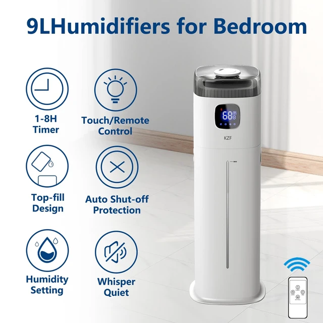 Alt view image 2 of 6 - Large Humidifier for Bedroom, 9L/2.5Gallon Ultrasonic Cool Mist Humidifier with Humidistat, 360°Nozzle, 350ML/H Big Mist Level, Suitable for Kids Room Livingroom Yoga Office PlantWhite