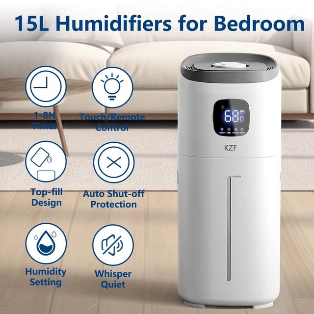 Alt view image 2 of 6 - Humidifiers for Bedroom, 15L Large Room Humidifier, 2000 Sq.ft Coverage, 72Hrs Runtime, Top Fill, 26dB Quiet, 3 Mist Levels & Diffuser, Auto Shut-Off, Ready for Baby Nursery Home and Plants