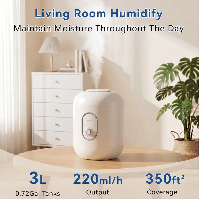 Alt view image 4 of 7 - Top Fill Humidifiers for Bedroom,3L/0.79Gal Cool Mist Ultrasonic Humidifier for Home Baby Nursery & Plants,No Leakage Design, 60 Hour Runtime, Auto Shut-Of, Essential Oil Diffuser, 360° Nozzle