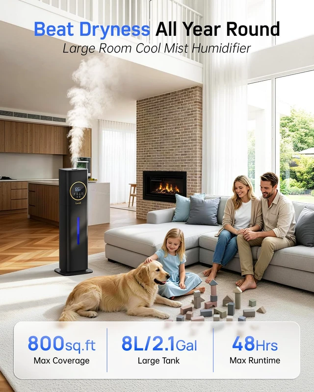 Alt view image 2 of 7 - Humidifiers for Bedroom 500 sq ft,2.1Gal/8L Cool Mist Humidifier Large Room | 48H Top Fill with Essential Oil Diffuser and Night Light for Baby Nursery Office Plants, Quiet, Black