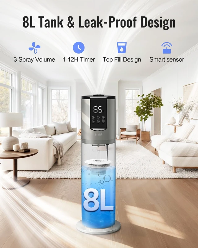 Alt view image 3 of 7 - 8L Humidifiers for bedroom up to 500 sq ft, Easy to Clean Humidifier with Washable Parts, Ultrasonic Cool Mist Humidifier for Home Plants Baby Nursery Office, Dark Grey