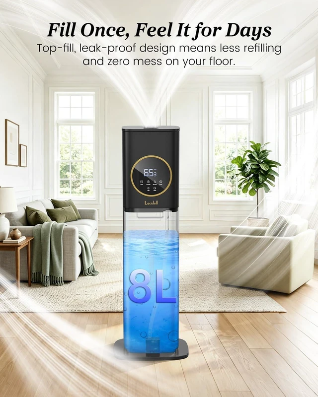 Alt view image 3 of 7 - 8L Large Humidifier for Bedroom Large Room Home 800 sq ft, Black | 48H Top Fill Cool Mist Humidifier for Baby Nursery, Humidity Control, Night Light, Essential Oil Tray, Safe for Plants & Pets