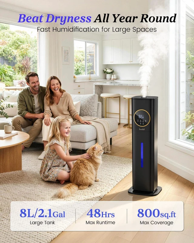 Alt view image 2 of 7 - 8L Large Humidifier for Bedroom Large Room Home 800 sq ft, Black | 48H Top Fill Cool Mist Humidifier for Baby Nursery, Humidity Control, Night Light, Essential Oil Tray, Safe for Plants & Pets