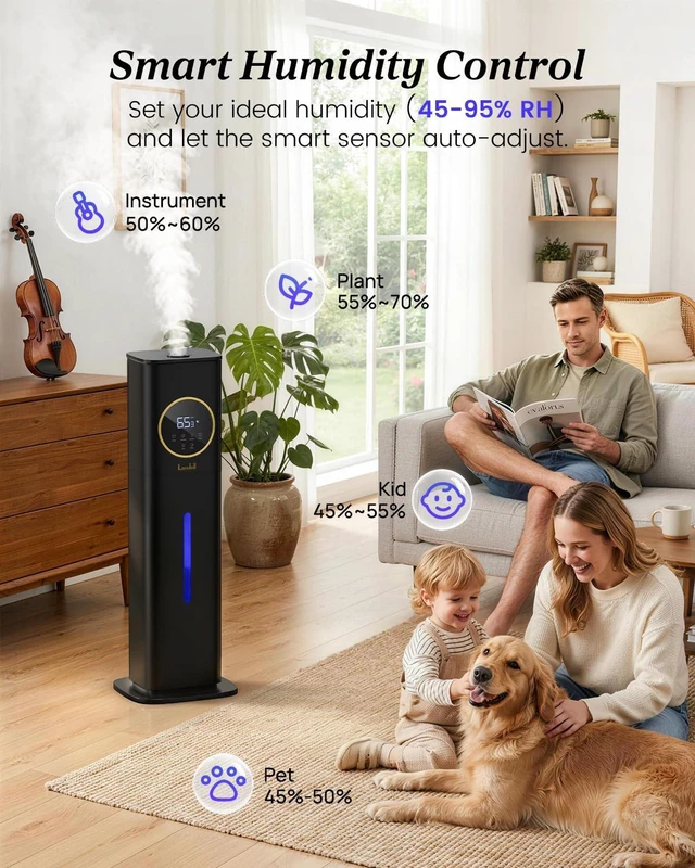 Alt view image 4 of 7 - 8L Large Humidifier for Bedroom Large Room Home 800 sq ft, Black | 48H Top Fill Cool Mist Humidifier for Baby Nursery, Humidity Control, Night Light, Essential Oil Tray, Safe for Plants & Pets