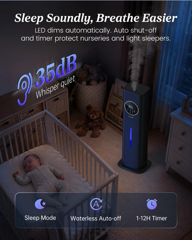 Alt view image 6 of 7 - 8L Large Humidifier for Bedroom Large Room Home 800 sq ft, Black | 48H Top Fill Cool Mist Humidifier for Baby Nursery, Humidity Control, Night Light, Essential Oil Tray, Safe for Plants & Pets