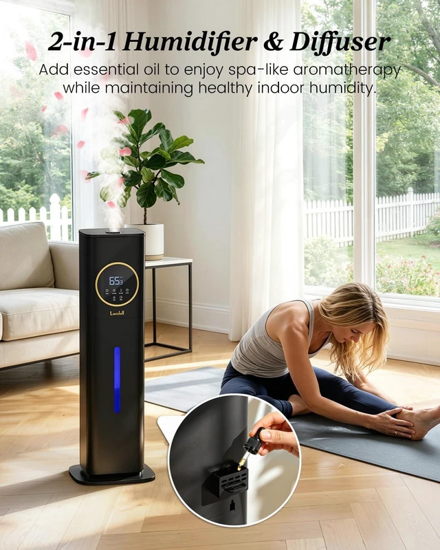 Alt view image 7 of 7 - 8L Large Humidifier for Bedroom Large Room Home 800 sq ft, Black | 48H Top Fill Cool Mist Humidifier for Baby Nursery, Humidity Control, Night Light, Essential Oil Tray, Safe for Plants & Pets