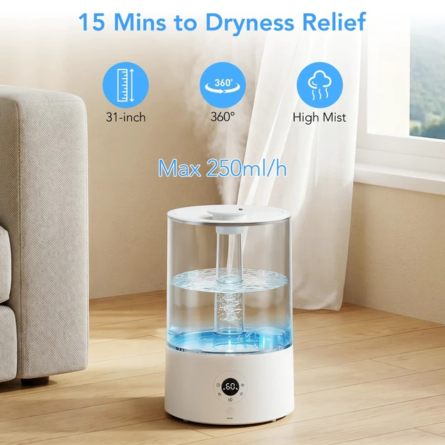 Alt view image 2 of 7 - 4L Top Fill Humidifier for Bedroom, Auto Constant Humidity, Smart Control, Quiet Ultrasonic Cool Mist, 360° Nozzle, 3 Mist Levels, 7-Color Light for Home Office Baby Room