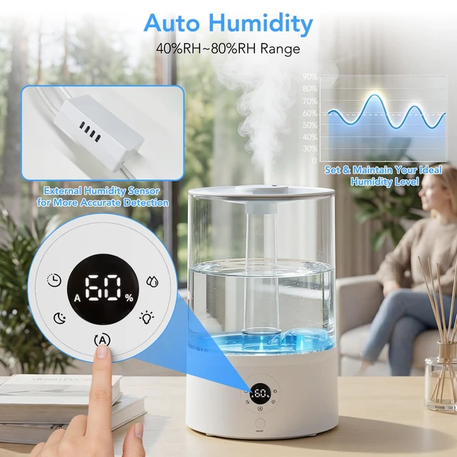 Alt view image 5 of 7 - 4L Top Fill Humidifier for Bedroom, Auto Constant Humidity, Smart Control, Quiet Ultrasonic Cool Mist, 360° Nozzle, 3 Mist Levels, 7-Color Light for Home Office Baby Room