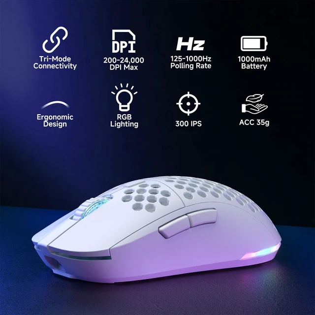 Alt view image 2 of 7 - M1 Wireless Gaming Mouse, 24000DPI, 180Hrs Battery, 16.8M RGB, 6 Programmable Buttons, Lightweight, Tri-Mode (2.4G/BT5.2/USB-C) for PC/Mac/Laptop - White