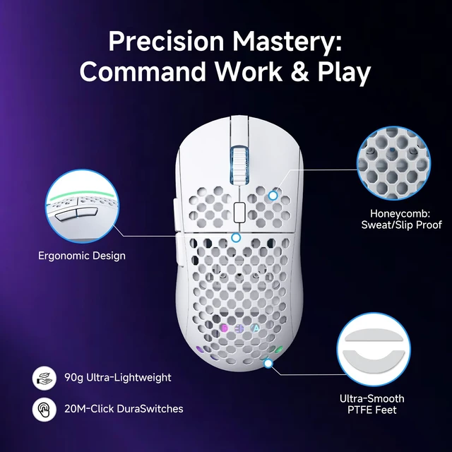 Alt view image 6 of 7 - M1 Wireless Gaming Mouse, 24000DPI, 180Hrs Battery, 16.8M RGB, 6 Programmable Buttons, Lightweight, Tri-Mode (2.4G/BT5.2/USB-C) for PC/Mac/Laptop - White