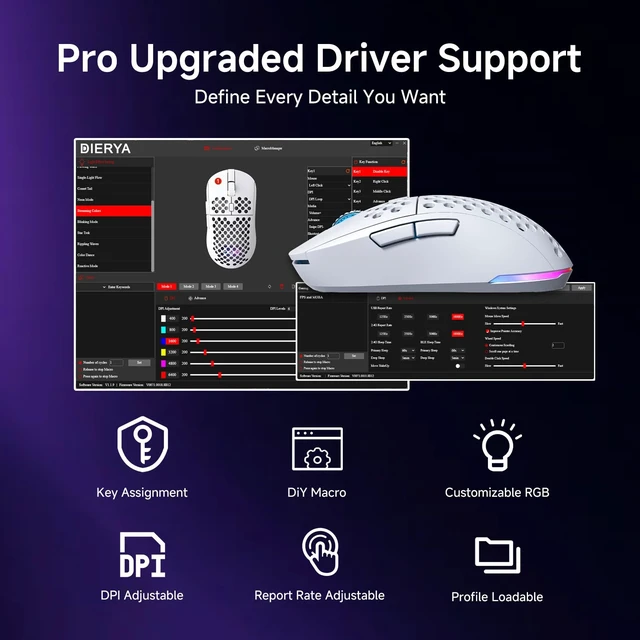 Alt view image 7 of 7 - M1 Wireless Gaming Mouse, 24000DPI, 180Hrs Battery, 16.8M RGB, 6 Programmable Buttons, Lightweight, Tri-Mode (2.4G/BT5.2/USB-C) for PC/Mac/Laptop - White