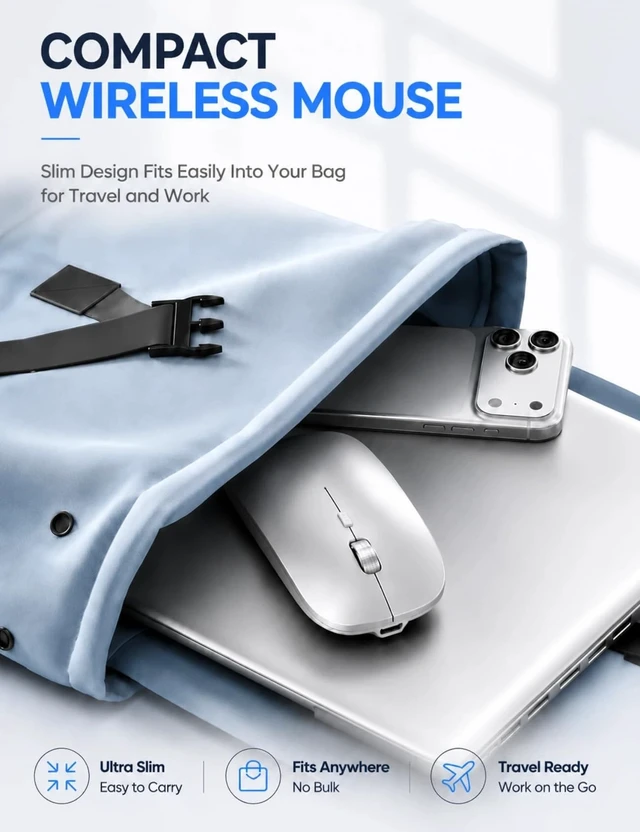 Alt view image 3 of 7 - Mouse for MacBook, Bluetooth Wireless Mouse for Laptop & iPad | 3-Device Rechargeable USB-C Mouse, Slim Silent Design, Front Charging, 3 DPI, MacBook Air/Pro, Portable, Silver