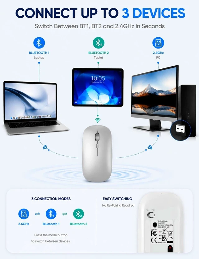 Alt view image 2 of 7 - Mouse for MacBook, Bluetooth Wireless Mouse for Laptop & iPad | 3-Device Rechargeable USB-C Mouse, Slim Silent Design, Front Charging, 3 DPI, MacBook Air/Pro, Portable, Silver
