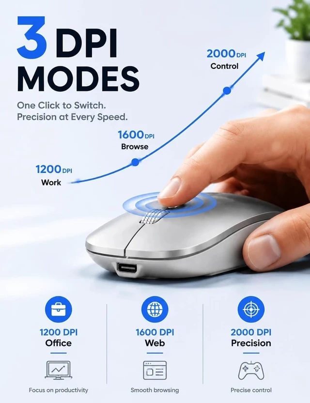 Alt view image 6 of 7 - Mouse for MacBook, Bluetooth Wireless Mouse for Laptop & iPad | 3-Device Rechargeable USB-C Mouse, Slim Silent Design, Front Charging, 3 DPI, MacBook Air/Pro, Portable, Silver
