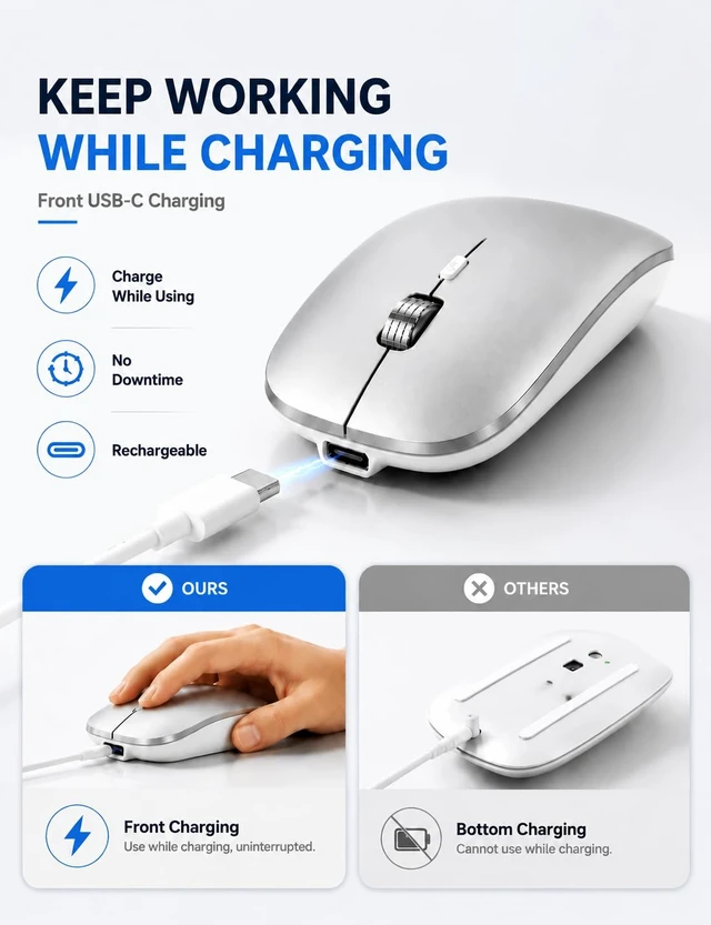 Alt view image 4 of 7 - Mouse for MacBook, Bluetooth Wireless Mouse for Laptop & iPad | 3-Device Rechargeable USB-C Mouse, Slim Silent Design, Front Charging, 3 DPI, MacBook Air/Pro, Portable, Silver