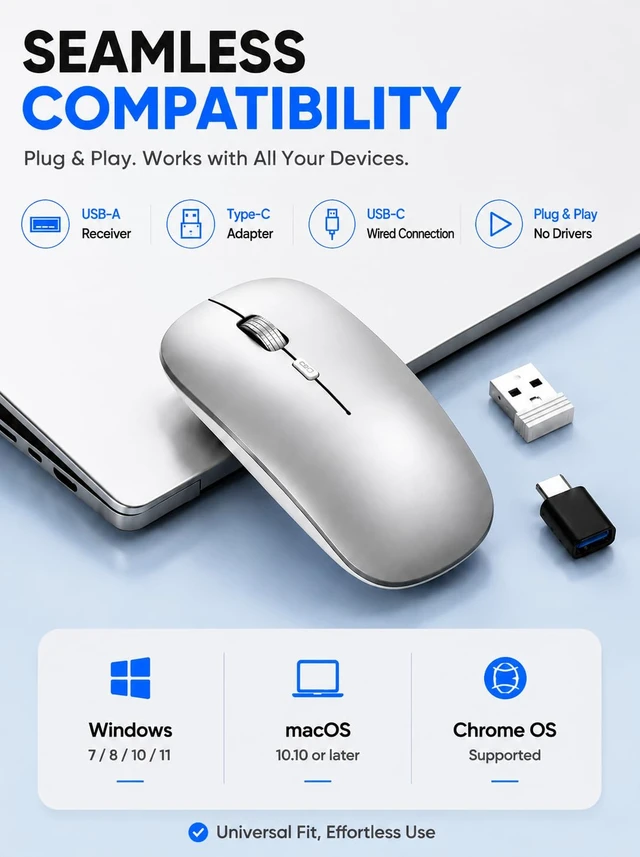 Alt view image 7 of 7 - Mouse for MacBook, Bluetooth Wireless Mouse for Laptop & iPad | 3-Device Rechargeable USB-C Mouse, Slim Silent Design, Front Charging, 3 DPI, MacBook Air/Pro, Portable, Silver