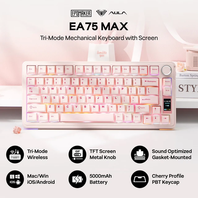 Alt view image 2 of 7 - X Aula EA75 MAX Wireless Gaming Keyboard with Screen & Knob | 5000mAh, Hot-Swap, Lubed Switches, RGB Backlit, Creamy Gasket, 75% Mechanical Keyboard (Pink, Reaper Switch)