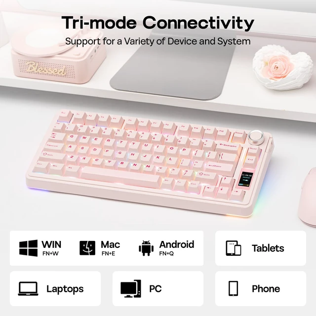 Alt view image 5 of 7 - X Aula EA75 MAX Wireless Gaming Keyboard with Screen & Knob | 5000mAh, Hot-Swap, Lubed Switches, RGB Backlit, Creamy Gasket, 75% Mechanical Keyboard (Pink, Reaper Switch)