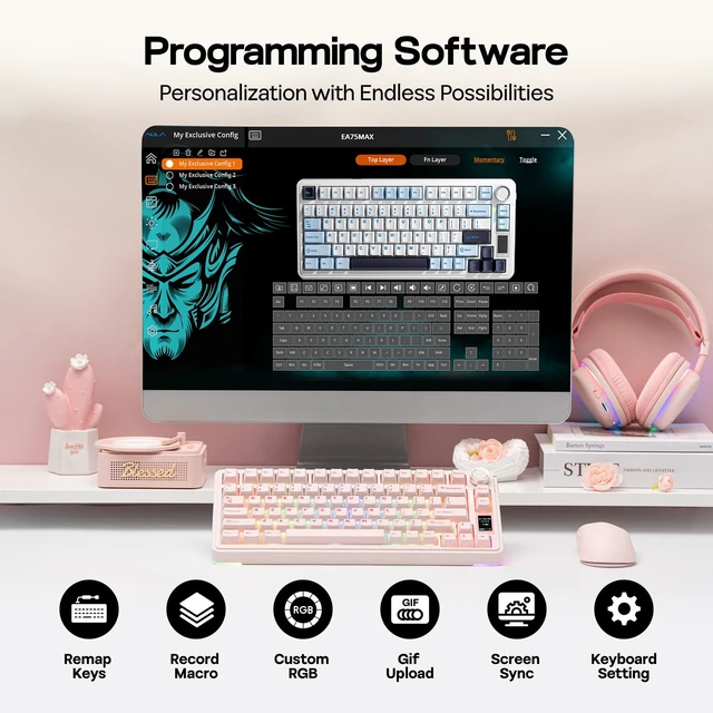 Alt view image 6 of 7 - X Aula EA75 MAX Wireless Gaming Keyboard with Screen & Knob | 5000mAh, Hot-Swap, Lubed Switches, RGB Backlit, Creamy Gasket, 75% Mechanical Keyboard (Pink, Reaper Switch)