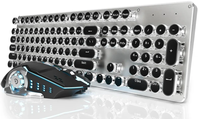 Main image of TK950 Typewriter Mechanical Keyboard and Mouse, 104 Keys Aesthetic Typewriter Keyboard Mouse Combo with White Backlit, Anti-Ghosting, Black Switch Bluetooth/2.4GHz/Wired Cute Keyboards-Black