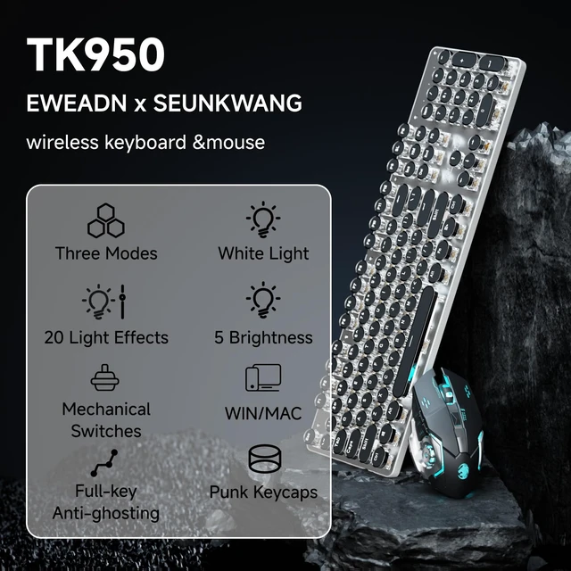 Alt view image 2 of 7 - TK950 Typewriter Mechanical Keyboard and Mouse, 104 Keys Aesthetic Typewriter Keyboard Mouse Combo with White Backlit, Anti-Ghosting, Black Switch Bluetooth/2.4GHz/Wired Cute Keyboards-Black