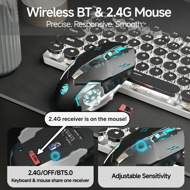 Alt view image 3 of 7 - TK950 Typewriter Mechanical Keyboard and Mouse, 104 Keys Aesthetic Typewriter Keyboard Mouse Combo with White Backlit, Anti-Ghosting, Black Switch Bluetooth/2.4GHz/Wired Cute Keyboards-Black