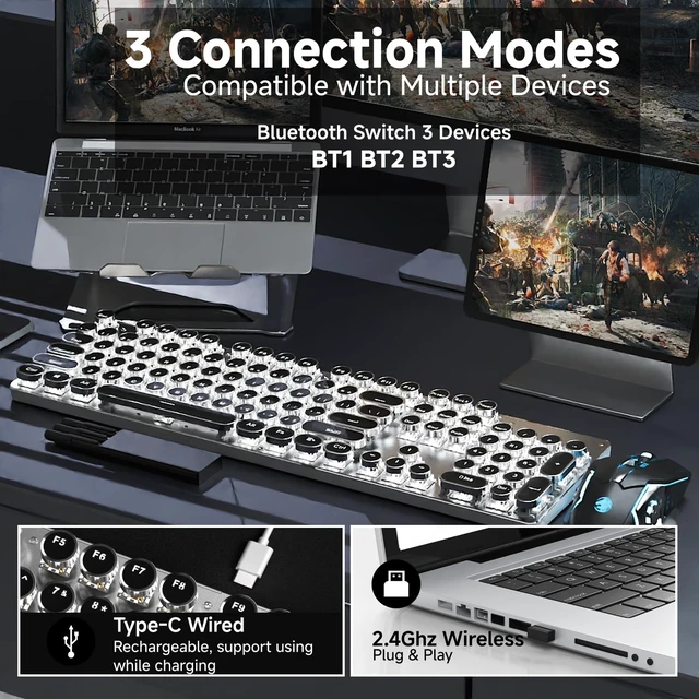 Alt view image 6 of 7 - TK950 Typewriter Mechanical Keyboard and Mouse, 104 Keys Aesthetic Typewriter Keyboard Mouse Combo with White Backlit, Anti-Ghosting, Black Switch Bluetooth/2.4GHz/Wired Cute Keyboards-Black