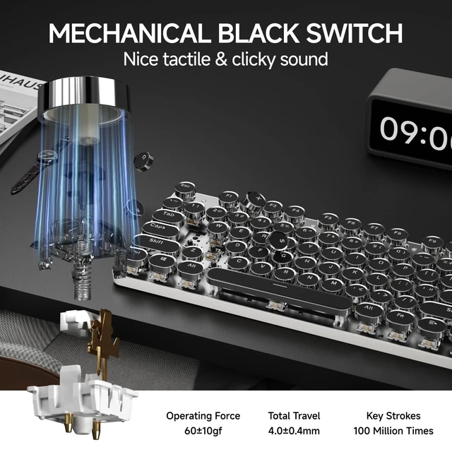 Alt view image 5 of 7 - TK950 Typewriter Mechanical Keyboard and Mouse, 104 Keys Aesthetic Typewriter Keyboard Mouse Combo with White Backlit, Anti-Ghosting, Black Switch Bluetooth/2.4GHz/Wired Cute Keyboards-Black