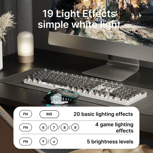 Alt view image 4 of 7 - TK950 Typewriter Mechanical Keyboard and Mouse, 104 Keys Aesthetic Typewriter Keyboard Mouse Combo with White Backlit, Anti-Ghosting, Black Switch Bluetooth/2.4GHz/Wired Cute Keyboards-Black