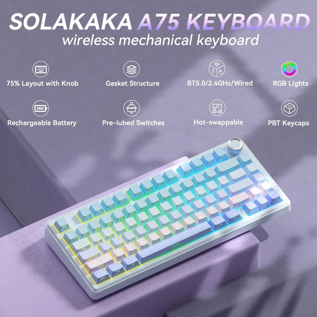 Alt view image 2 of 7 - A75 Wireless Mechanical Keyboard, Hot Swappable Gaming Keyboard with RGB Backlit, Multifunction Knob, Gasket Mounted Creamy Keyboard, BT5.0/2.4GHz/USB-C, 75% Compact Layout for Win/Mac/PC