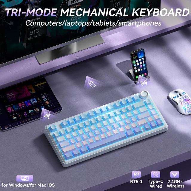 Alt view image 3 of 7 - A75 Wireless Mechanical Keyboard, Hot Swappable Gaming Keyboard with RGB Backlit, Multifunction Knob, Gasket Mounted Creamy Keyboard, BT5.0/2.4GHz/USB-C, 75% Compact Layout for Win/Mac/PC