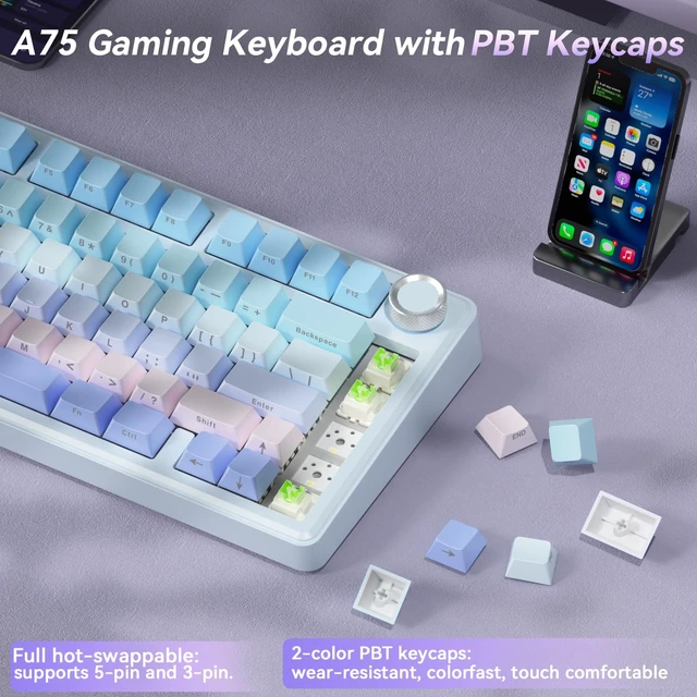 Alt view image 4 of 7 - A75 Wireless Mechanical Keyboard, Hot Swappable Gaming Keyboard with RGB Backlit, Multifunction Knob, Gasket Mounted Creamy Keyboard, BT5.0/2.4GHz/USB-C, 75% Compact Layout for Win/Mac/PC