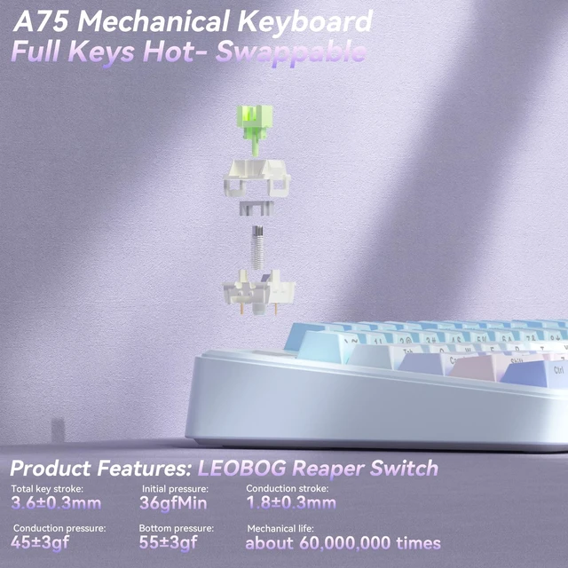 Alt view image 5 of 7 - A75 Wireless Mechanical Keyboard, Hot Swappable Gaming Keyboard with RGB Backlit, Multifunction Knob, Gasket Mounted Creamy Keyboard, BT5.0/2.4GHz/USB-C, 75% Compact Layout for Win/Mac/PC
