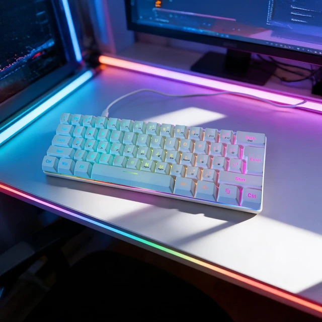 Main image of 60% Gaming Keyboard, Ultra-Compact 61 Keys RGB Backlit Mini Keyboard with Black Keycaps for PC Laptop Windows Gamer, White