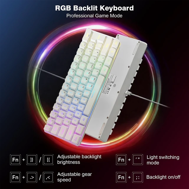 Alt view image 3 of 7 - 60% Gaming Keyboard, Ultra-Compact 61 Keys RGB Backlit Mini Keyboard with Black Keycaps for PC Laptop Windows Gamer, White