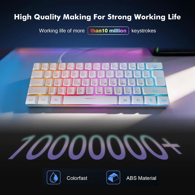 Alt view image 4 of 7 - 60% Gaming Keyboard, Ultra-Compact 61 Keys RGB Backlit Mini Keyboard with Black Keycaps for PC Laptop Windows Gamer, White