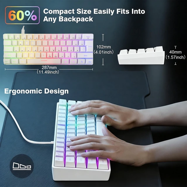 Alt view image 5 of 7 - 60% Gaming Keyboard, Ultra-Compact 61 Keys RGB Backlit Mini Keyboard with Black Keycaps for PC Laptop Windows Gamer, White