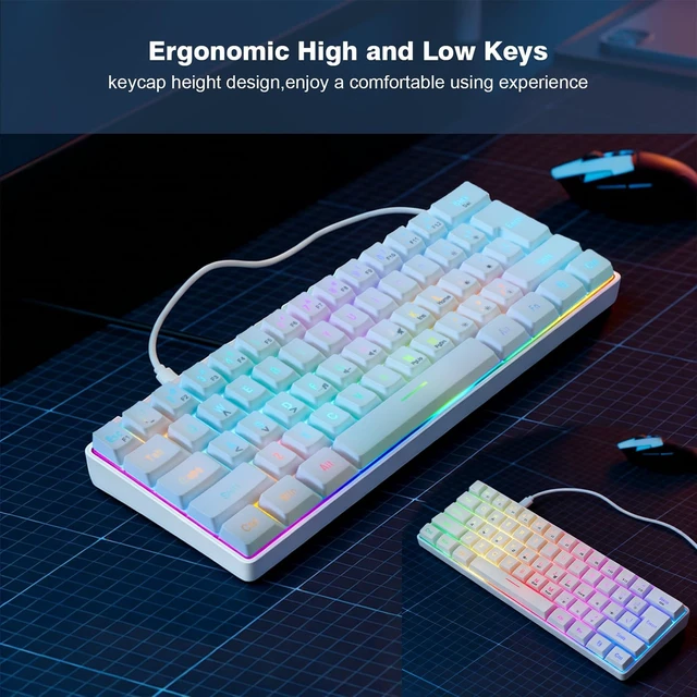 Alt view image 6 of 7 - 60% Gaming Keyboard, Ultra-Compact 61 Keys RGB Backlit Mini Keyboard with Black Keycaps for PC Laptop Windows Gamer, White