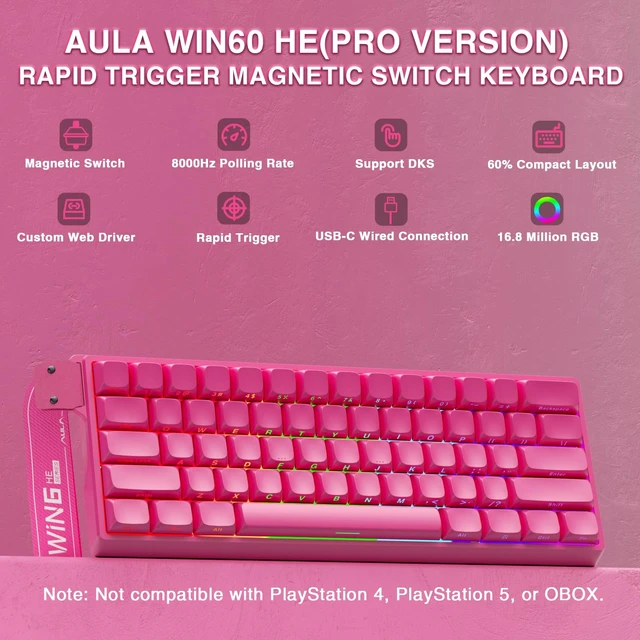 Alt view image 2 of 7 - AULA WIN60 HE PRO 60% Mechanical Gaming Keyboard Wired, Magnetic Switch Hot Swappable, Adjustable Actuation Rapid Trigger Mode, 8000Hz Polling Rate, RGB Small Keyboard 60 Percent Compact Design for PC