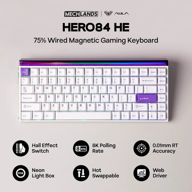 Alt view image 2 of 7 - Aula Hero84 HE Wired Magnetic Gaming Keyboard, Rapid Hall Effect Keyboard with 0.01mm Adjustable Actuation, 8kHz Polling, 5-Layer Sound Dampening, RGB Lightbox & Backlit (White Purple)