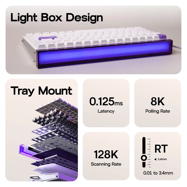 Alt view image 3 of 7 - Aula Hero84 HE Wired Magnetic Gaming Keyboard, Rapid Hall Effect Keyboard with 0.01mm Adjustable Actuation, 8kHz Polling, 5-Layer Sound Dampening, RGB Lightbox & Backlit (White Purple)