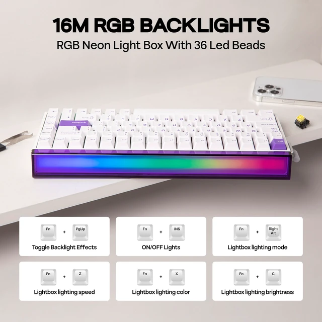 Alt view image 4 of 7 - Aula Hero84 HE Wired Magnetic Gaming Keyboard, Rapid Hall Effect Keyboard with 0.01mm Adjustable Actuation, 8kHz Polling, 5-Layer Sound Dampening, RGB Lightbox & Backlit (White Purple)