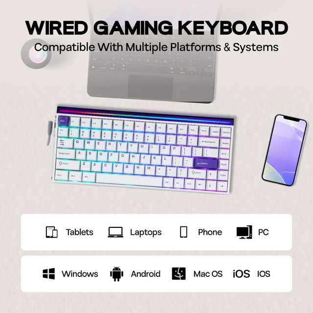 Alt view image 5 of 7 - Aula Hero84 HE Wired Magnetic Gaming Keyboard, Rapid Hall Effect Keyboard with 0.01mm Adjustable Actuation, 8kHz Polling, 5-Layer Sound Dampening, RGB Lightbox & Backlit (White Purple)