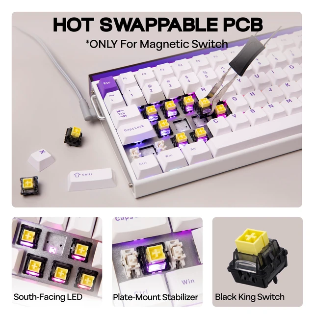 Alt view image 6 of 7 - Aula Hero84 HE Wired Magnetic Gaming Keyboard, Rapid Hall Effect Keyboard with 0.01mm Adjustable Actuation, 8kHz Polling, 5-Layer Sound Dampening, RGB Lightbox & Backlit (White Purple)