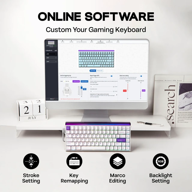 Alt view image 7 of 7 - Aula Hero84 HE Wired Magnetic Gaming Keyboard, Rapid Hall Effect Keyboard with 0.01mm Adjustable Actuation, 8kHz Polling, 5-Layer Sound Dampening, RGB Lightbox & Backlit (White Purple)