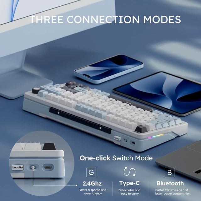 Alt view image 4 of 7 - B75 Wireless Mechanical Keyboard with Knob, Linear Switch, White | 75% Percent RGB Creamy Keyboard with Bluetooth/2.4G/USB Wired, Gasket Hot Swappable Gaming Keyboards for Win/Mac/PC Laptop