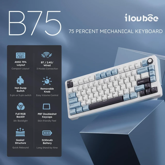 Alt view image 2 of 7 - B75 Wireless Mechanical Keyboard with Knob, Linear Switch, White | 75% Percent RGB Creamy Keyboard with Bluetooth/2.4G/USB Wired, Gasket Hot Swappable Gaming Keyboards for Win/Mac/PC Laptop