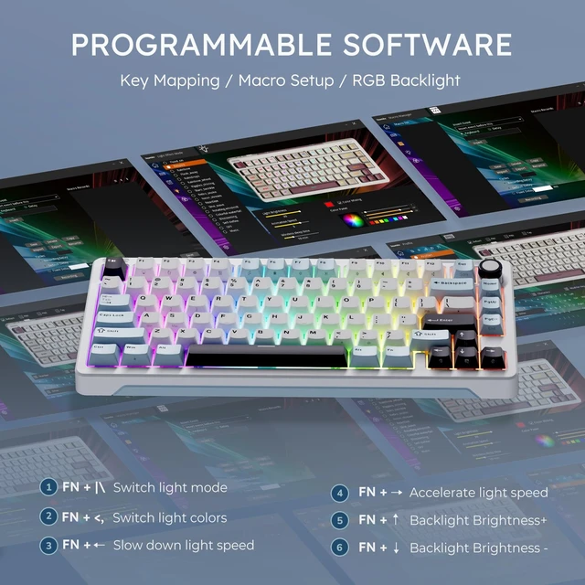 Alt view image 5 of 7 - B75 Wireless Mechanical Keyboard with Knob, Linear Switch, White | 75% Percent RGB Creamy Keyboard with Bluetooth/2.4G/USB Wired, Gasket Hot Swappable Gaming Keyboards for Win/Mac/PC Laptop
