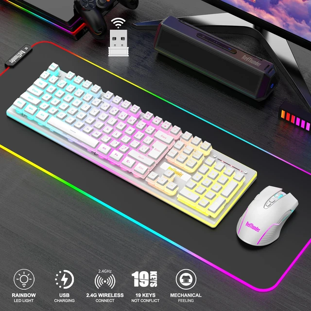 Alt view image 2 of 7 - K10 Wireless Gaming Keyboard and Mouse Combo, RGB Backlit Rechargeable 3800mAh Battery, Mechanical Feel Anti-ghosting Keyboard + 7D 3200DPI Mice for PC Gamer(White Pudding)
